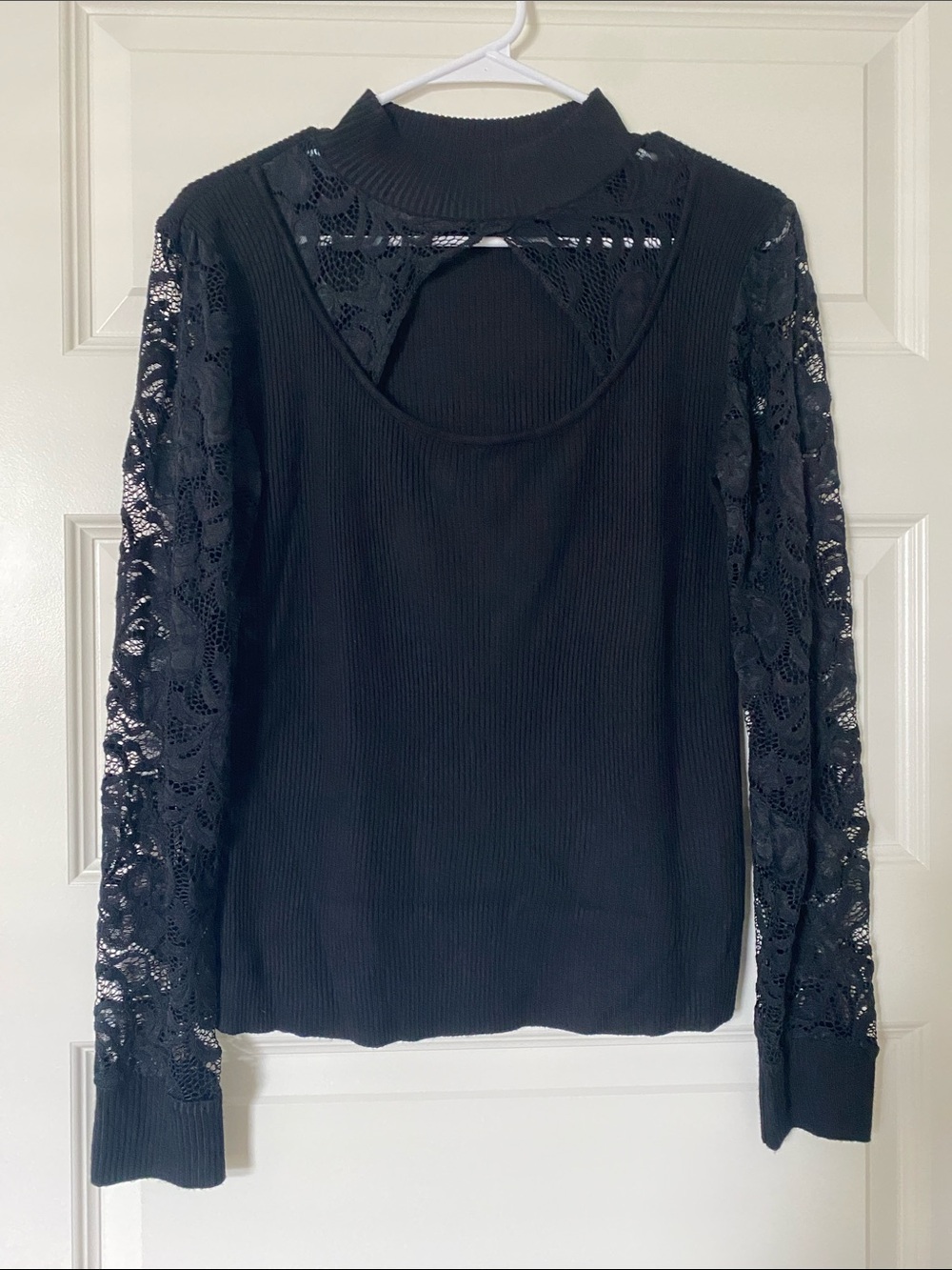 Absolutely Famous Black Lace-Sleeve Mock Neck Top